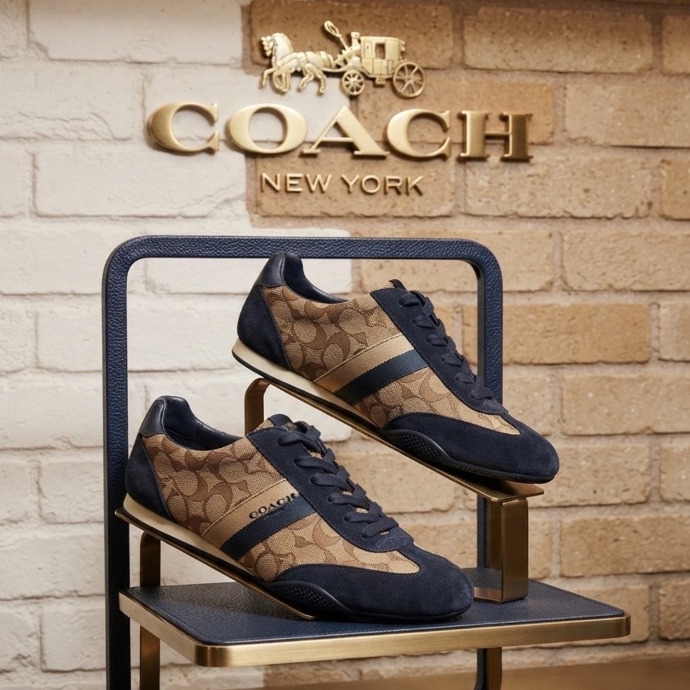 Coach Kelson Signature Jacquard Suede Navy Khaki Sneakers Q7839 US 7.5B